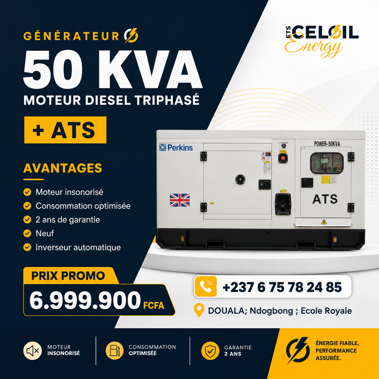 Perkins 55 KVA — Moteur diesel triphasé + ATS
